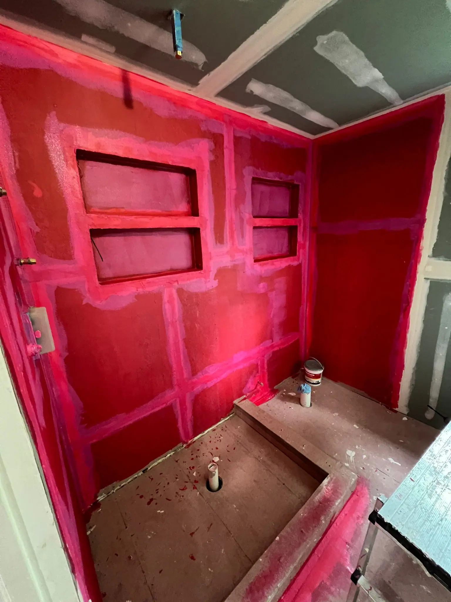 Shower enclosure during waterproofing, before tile