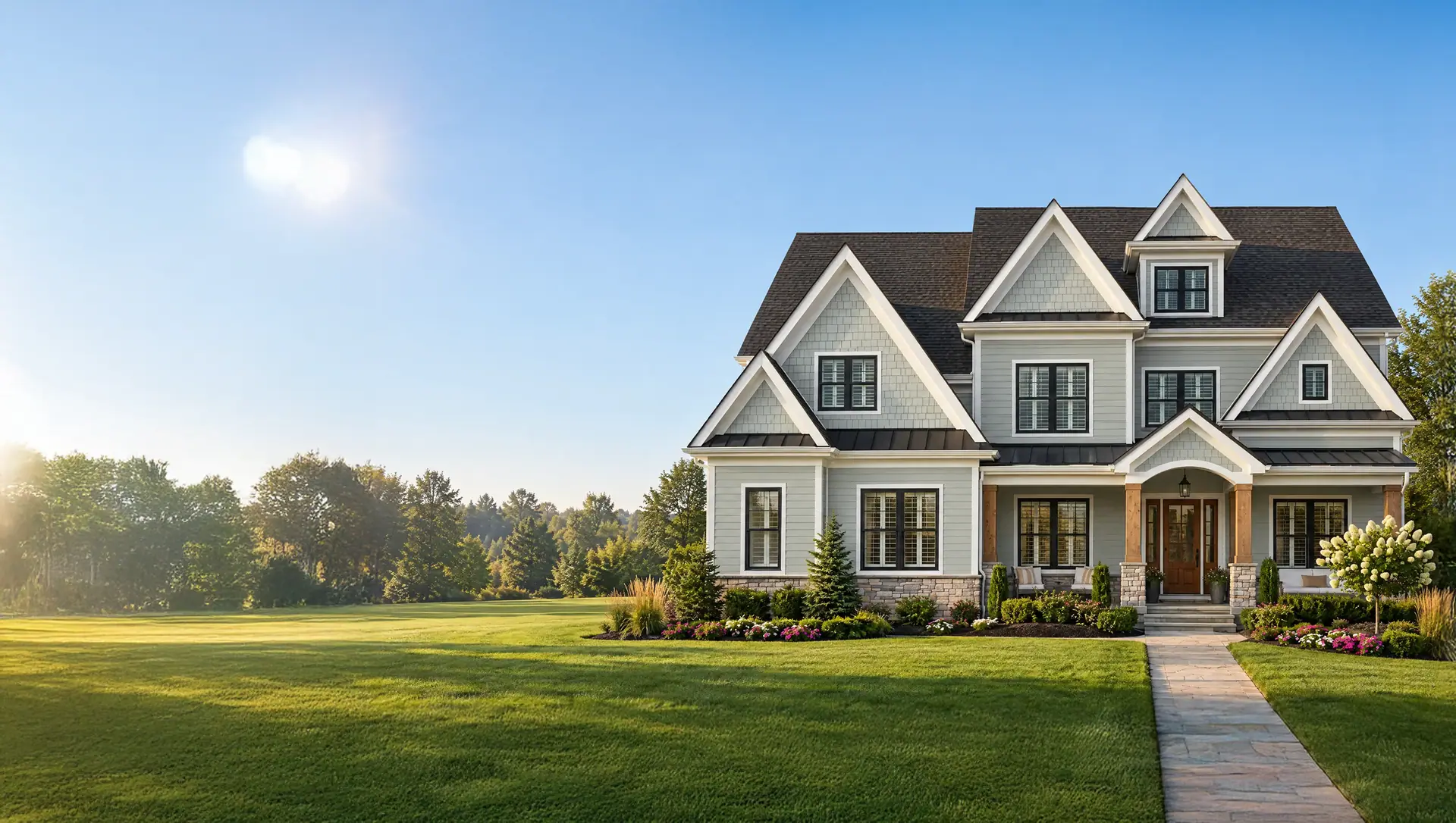 Finished two-story home with gray shingle siding and a stone walkway at sunrise